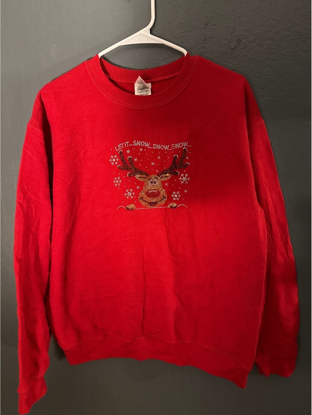 Gildan Red Holiday Sweatshirt with Sequin Reindeer Design, Medium